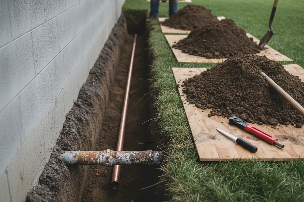 Excavated water line trench during Sewer Line Repair in Reno
